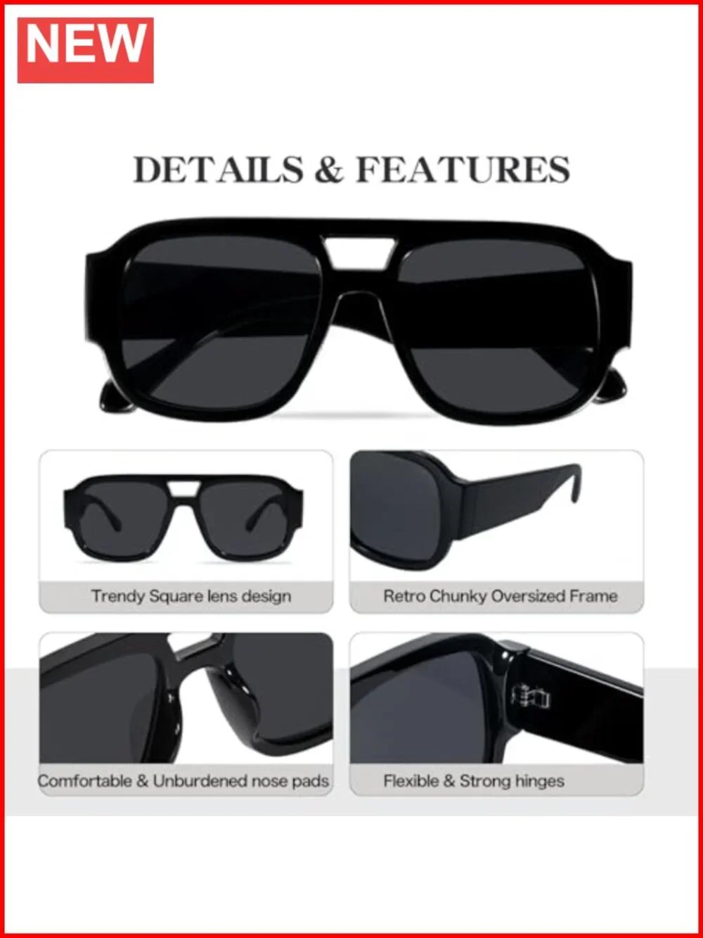 Oversized Square Aviator Sunglasses Retro Chunky Double-Bridge UV Protection